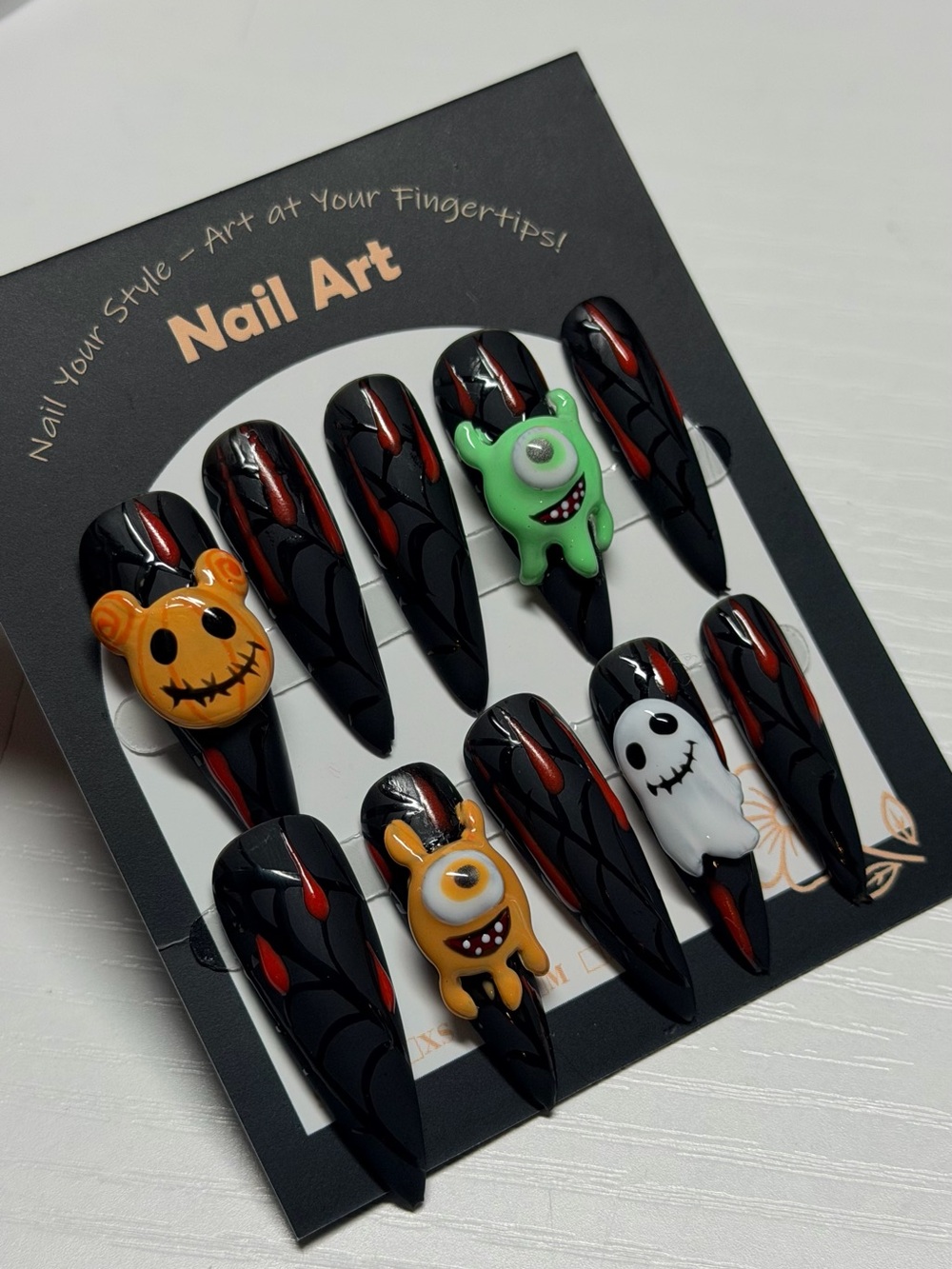 Nail Art Press-On Set with Black and Red Halloween Characters
